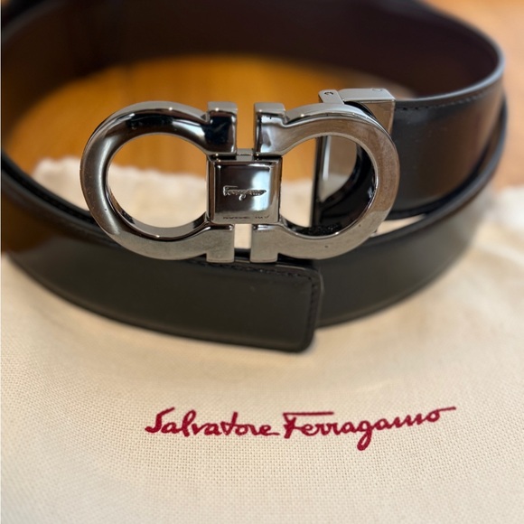 Salvatore Ferragamo Black and Silver Gancini Belt